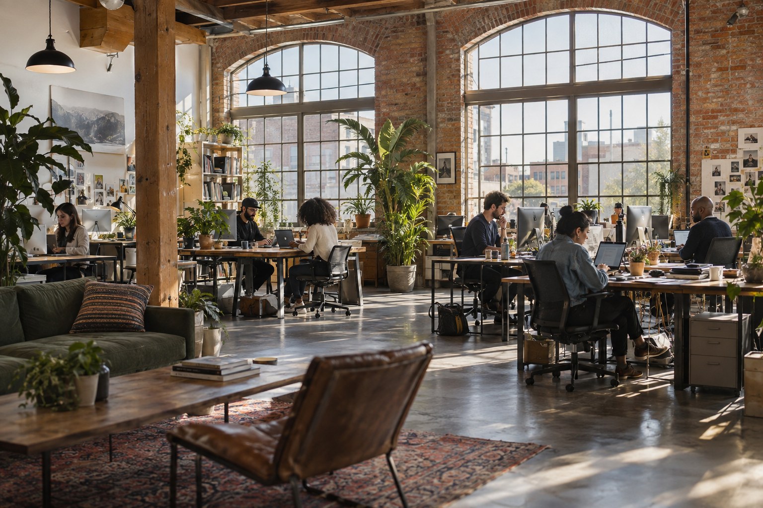 An imagined future company with a team and bright offices